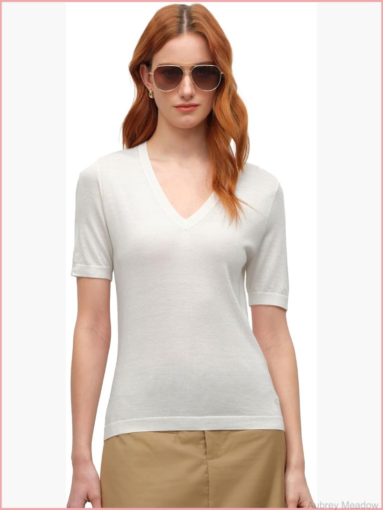 V-Neck Short Sleeve Cashmere Silk Blend Pullover Sweater